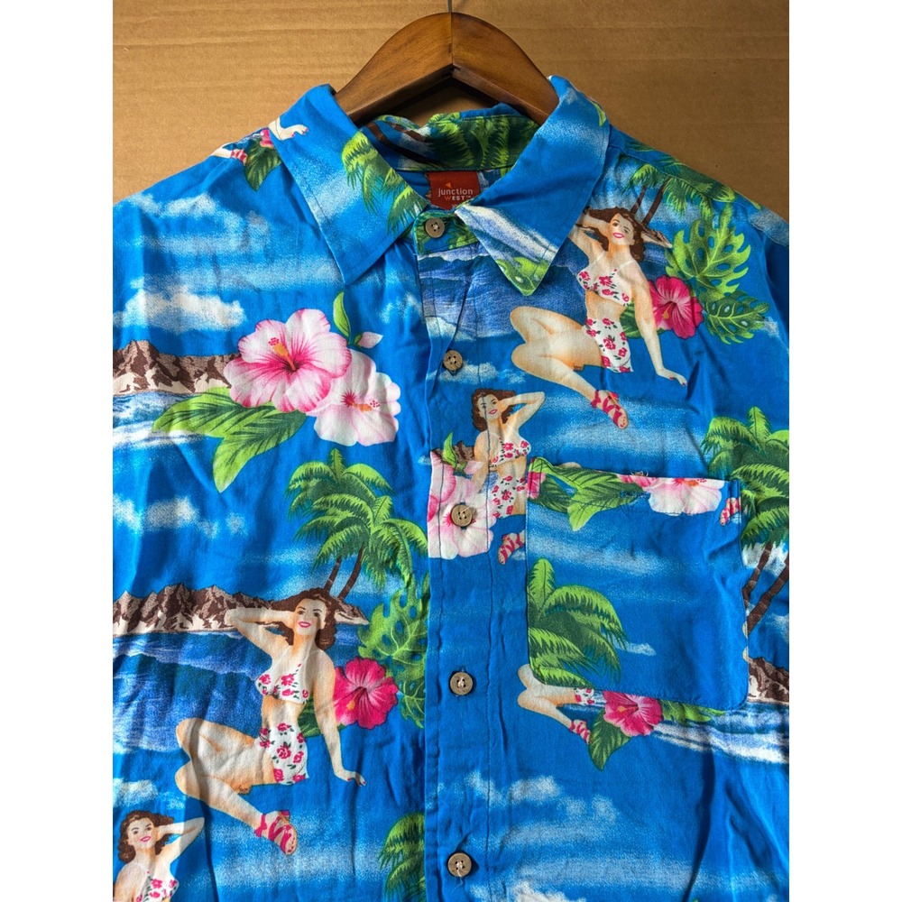 Junction West Hawaiian Shirt Mens XL Blue Tropical Pin Up Girl Beach Aloha